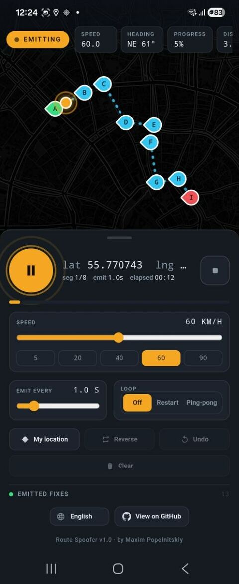 Route Spoofer interface in Chinese