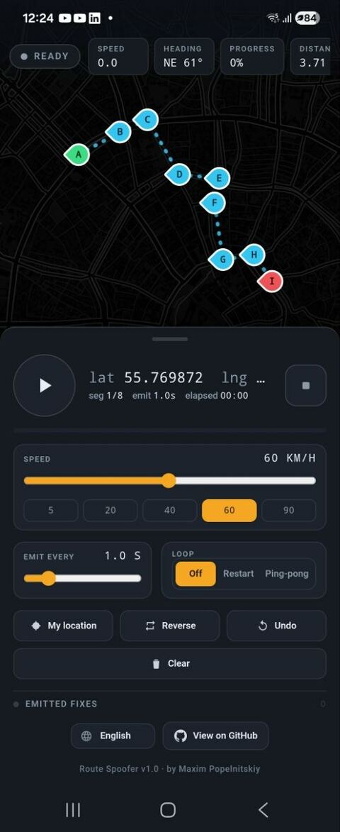 Route Spoofer main screen with a multi-point route on the map