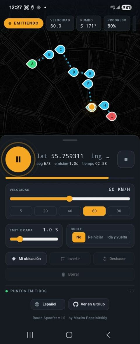 Route Spoofer interface in Spanish