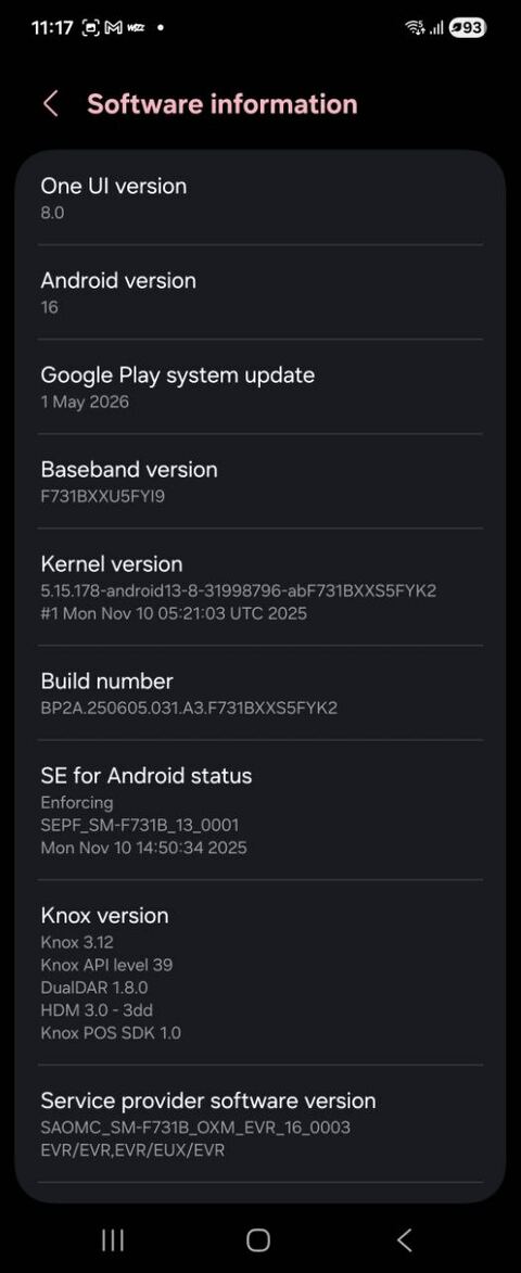 Software information screen — tap Build number to enable Developer options