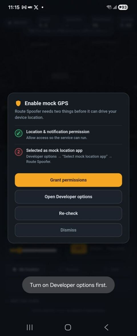 In-app readiness card asking to select Route Spoofer as the mock-location app